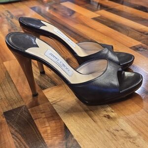 Jimmy Choo Black Leather Peep-Toe Mule Heels